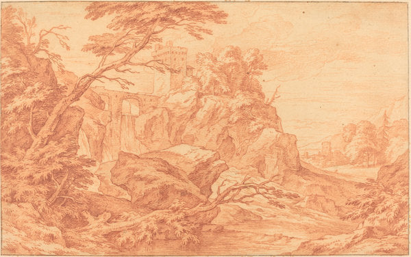 A Rocky Landscape with a Stone Tower and a Waterfall by Adriaen Frans Boudewyns, attributed to (Flemish, 1644 - 1711), 16X12"(A3)Poster Print