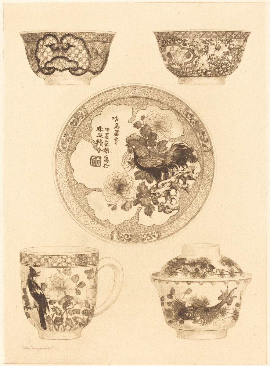 Five Pieces of China by Jules-Ferdinand Jacquemart (French, 1837 - 1880), 16X12"(A3)Poster Print