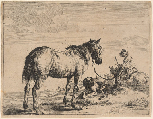 A Horse Bound to a Post with a Reclining Dog by Dirck Stoop (Dutch, 1618 - 1676), 16X12"(A3)Poster Print