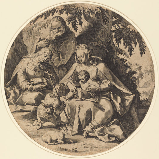 The Holy Family with Saint Elizabeth and Saint John the Baptist by Workshop of Jacob Matham, after Hendrik Goltzius (Dutch, c.1598), 16X12"(A3)Poster Print