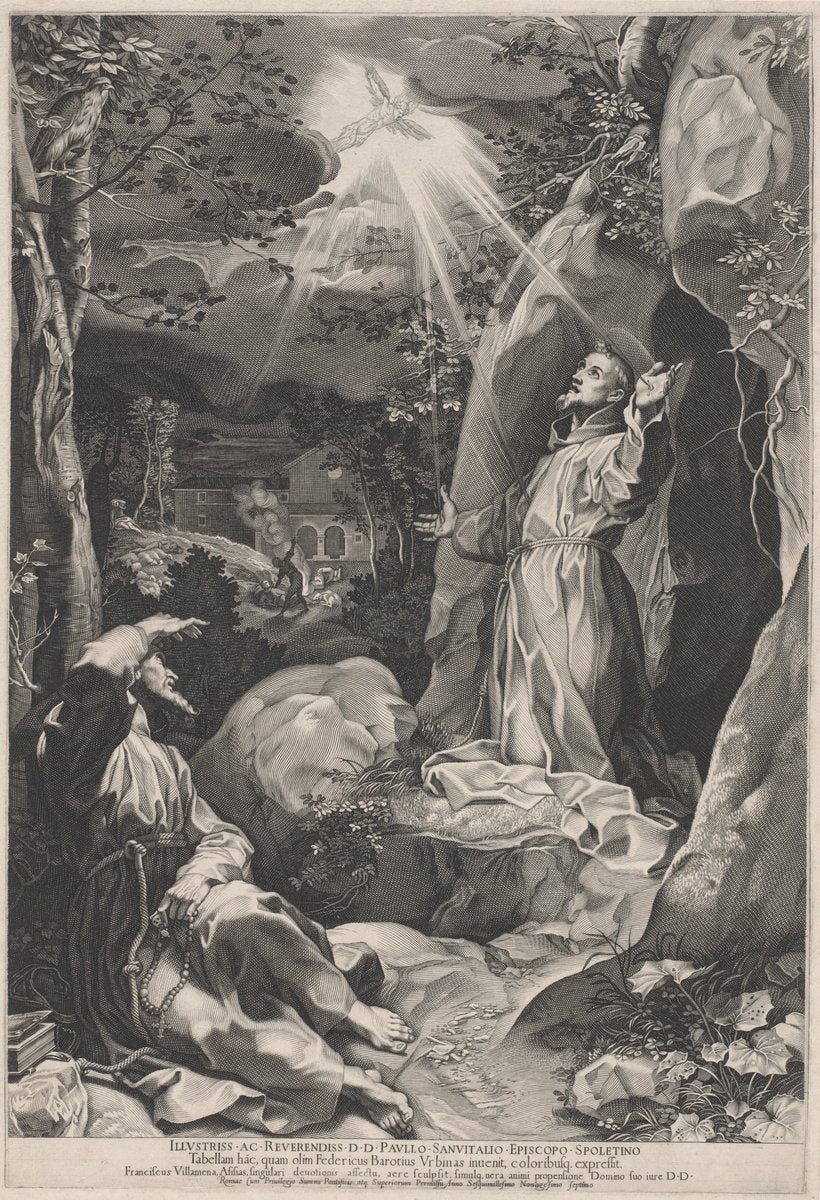 Saint Francis Receiving the Stigmata by Francesco Villamena, after Federico Barocci (Italian, 1566 - 1624), 16X12"(A3)Poster Print