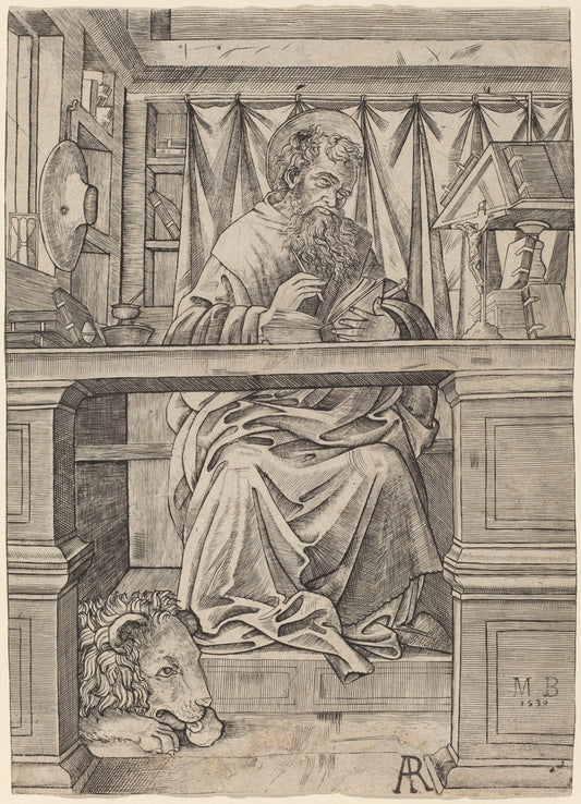 Saint Jerome in His Study by Giovanni Antonio da Brescia (Italian, active c. 1490 - 1525 or after), 16X12"(A3)Poster Print