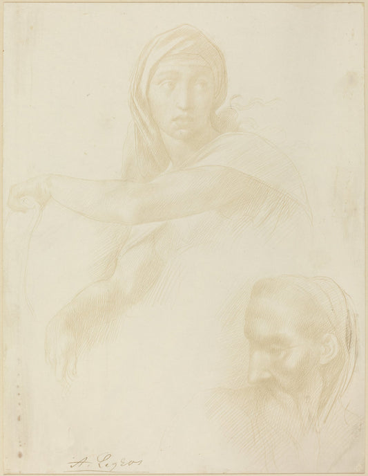 Study of Delphic Sibyl; Head of a Man by Alphonse Legros after Michelangelo (French, 1837 - 1911), 16X12"(A3)Poster Print