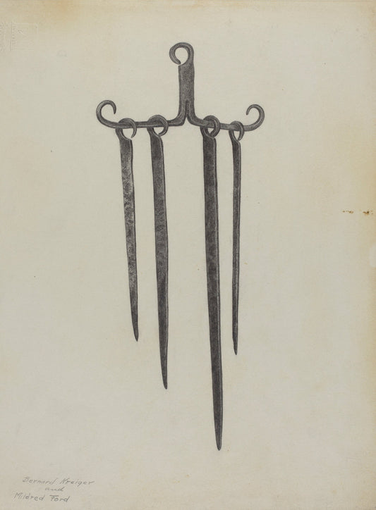 Skewers and Holder by Bernard Krieger and Mildred Ford (American, active c. 1935), 16X12"(A3)Poster Print