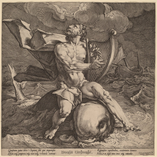Arion on a Dolphin by Jan Muller, after Cornelis Cornelisz van Haarlem (Dutch, 1571 - 1628), 16X12"(A3)Poster Print