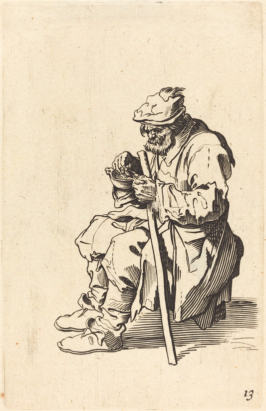 etching by after Jacques Callot (Beggar Eating), 16X12"(A3)Poster Print