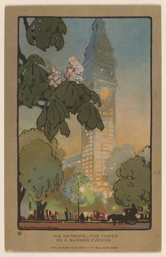 The Metropolitan Tower on A Summer Evening by Rachael Robinson Elmer (American, 1878 - 1919), 16X12"(A3)Poster Print