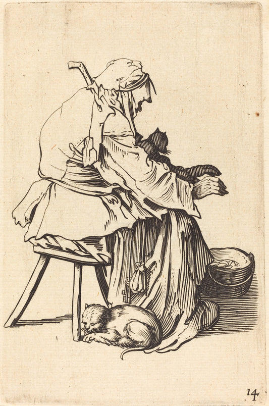 etching by after Jacques Callot (Old Woman with Cats), 16X12"(A3)Poster Print