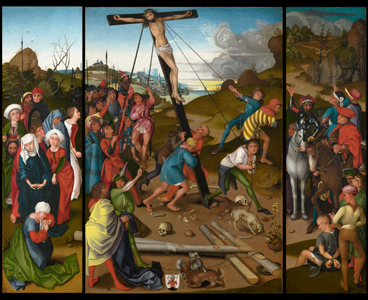 The Raising of the Cross [center, left, and right panels] by Master of the Starck Triptych (German, active c. 1480 - c. 1495), 16X12"(A3)Poster Print