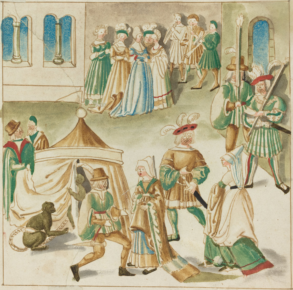 c. 1515 by German 16th Century (Court Amusements with Two Monkeys), 16X12"(A3)Poster Print
