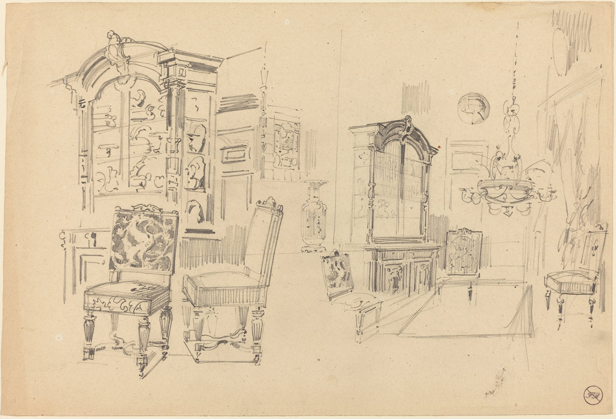 Two Studies of an Interior with Furniture by Félix-Hilaire Buhot (French, 1847 - 1898), 16X12"(A3)Poster Print