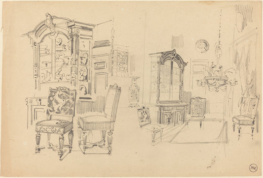Two Studies of an Interior with Furniture by Félix-Hilaire Buhot (French, 1847 - 1898), 16X12"(A3)Poster Print