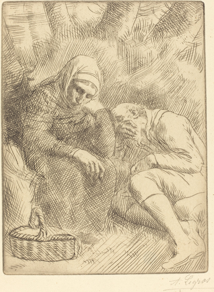 Man and Wife Seated by the Road with a Basket(Homme et femme assis au bord de la rou te aven un panier) by Alphonse Legros (French, 1837 - 1911), 16X12"(A3)Poster Print