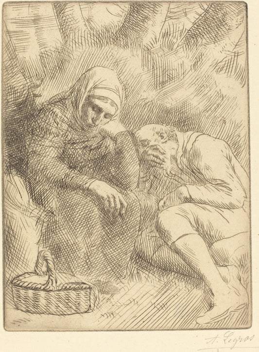 Man and Wife Seated by the Road with a Basket(Homme et femme assis au bord de la rou te aven un panier) by Alphonse Legros (French, 1837 - 1911), 16X12"(A3)Poster Print
