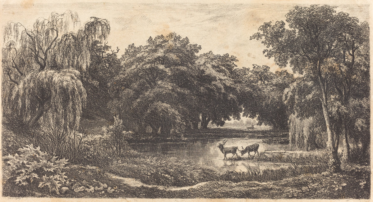 Pool with Deer (La Mare aux cerfs) by Charles-François Daubigny (French, 1817 - 1878), 16X12"(A3)Poster Print