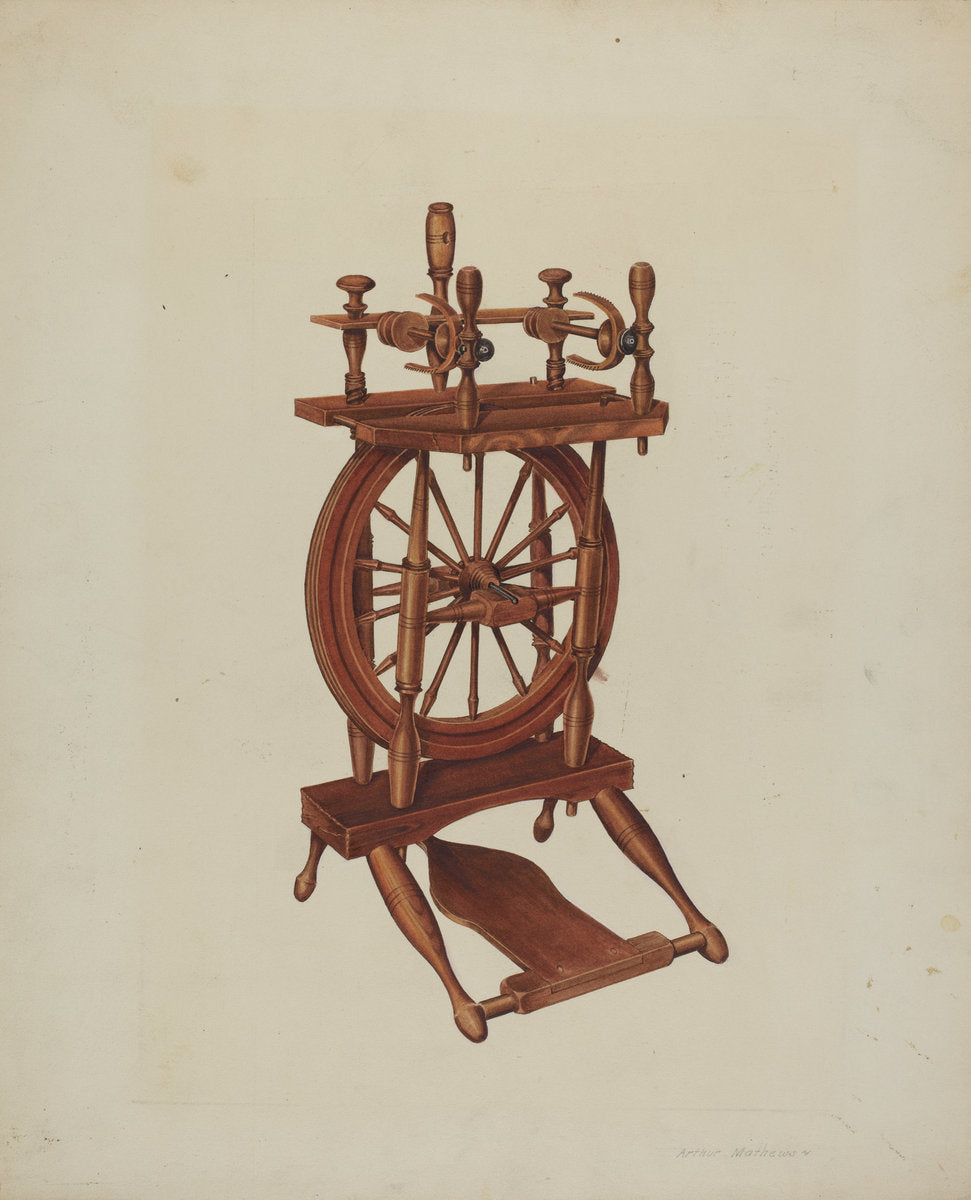 Wood Spinning Wheel by Arthur Mathews (American, active c. 1935), 16X12"(A3)Poster Print