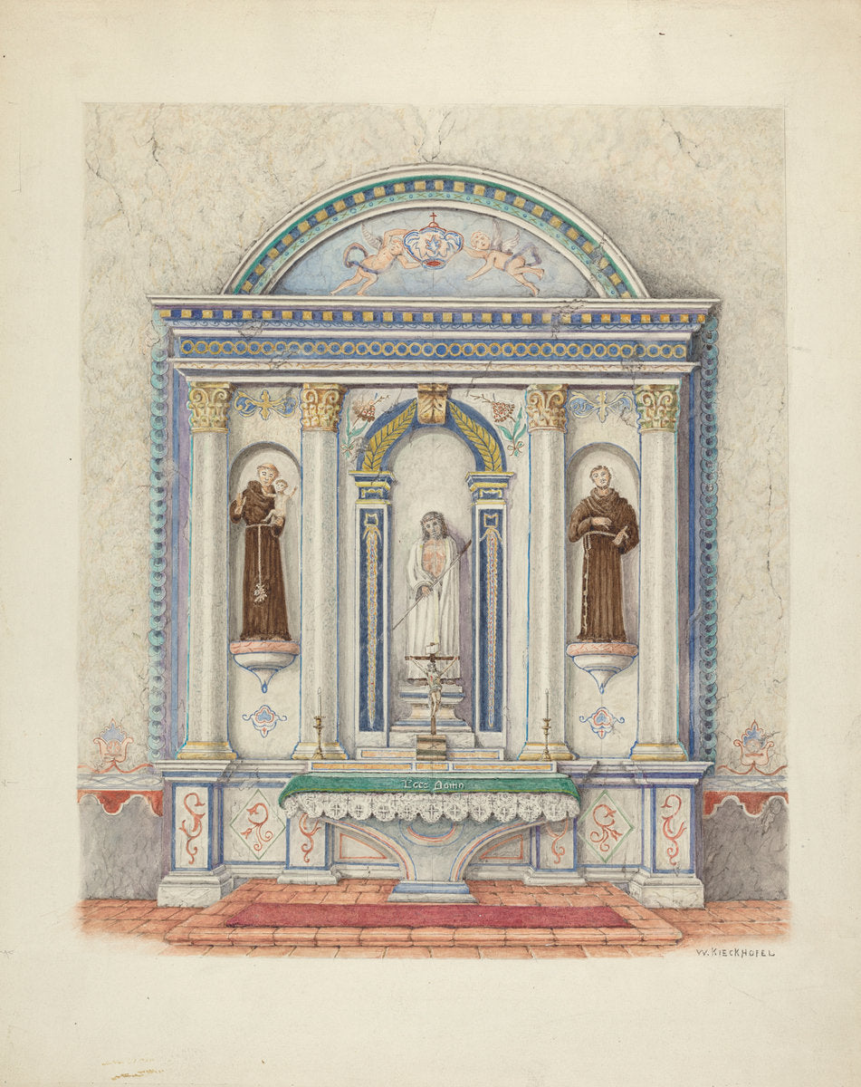 Side Altar, San Luis Rey Mission by William Kieckhofel (American, active c. 1935), 16X12"(A3)Poster Print