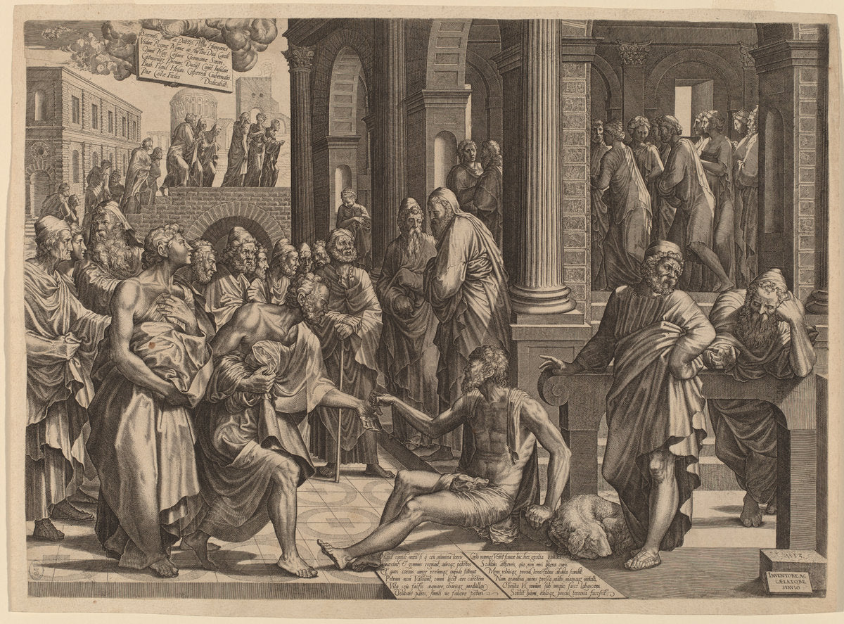 Apostles Peter and John Healing the Paralytic by Lambert Suavius (Flemish, c. 1510 - 1567), 16X12"(A3)Poster Print