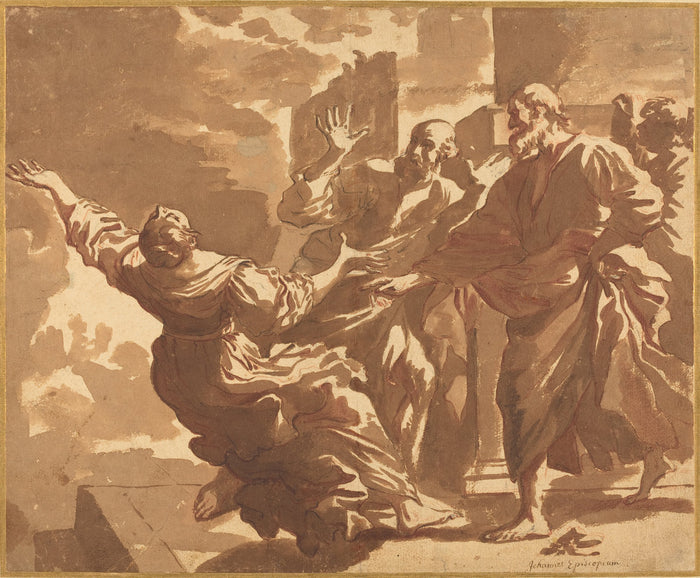 The Death of Sapphira by Follower of Jan de Bisschop, after Guercino (Dutch, 1628 - 1671), 16X12