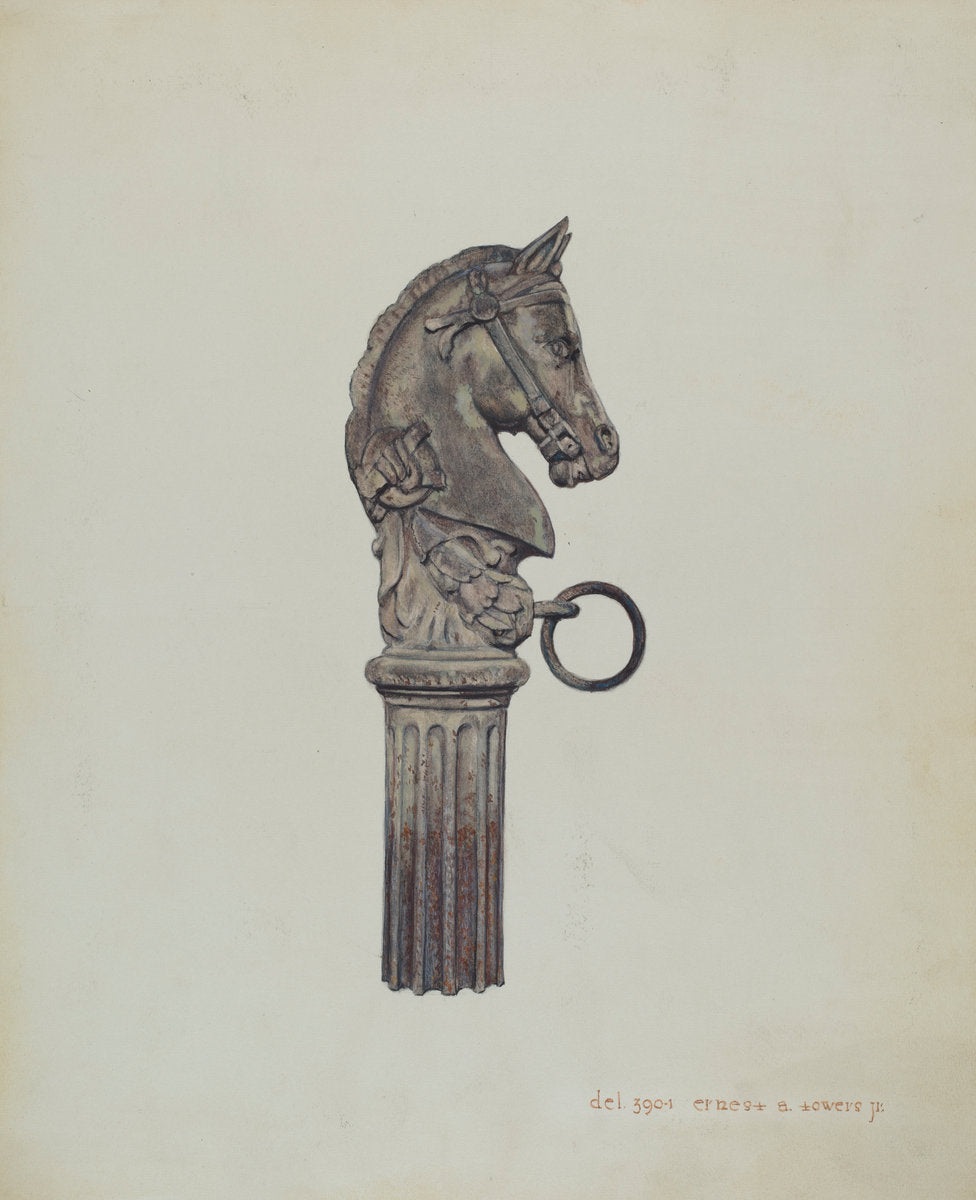 Horse Head Hitching Post by Ernest A. Towers, Jr. (American, active c. 1935), 16X12"(A3)Poster Print