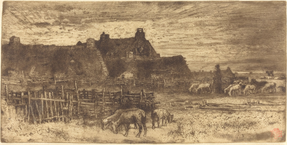 Les Bergeries, Soleil Couchant (Pastoral Scene, Setting Sun) by Félix-Hilaire Buhot (French, 1847 - 1898), 16X12"(A3)Poster Print