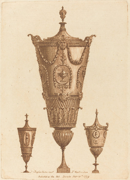 Three Classical Vases, One with Garlands by Patrick Begbie (British, 18th century), 16X12"(A3)Poster Print