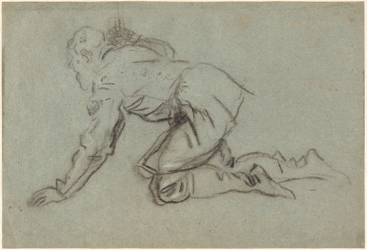 A Kneeling Man Holding a Staff [recto] by Jacopo Tintoretto (Venetian, 1518 or 1519 - 1594), 16X12"(A3)Poster Print