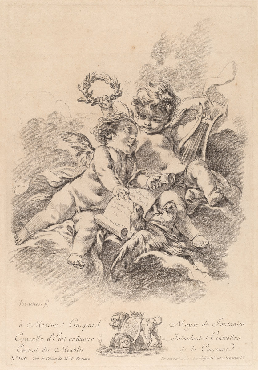 Allegory of Music with Two Cherubs and Doves (100) by Gilles Demarteau the Elder after François Boucher (French, 1722 - 1776), 16X12"(A3)Poster Print