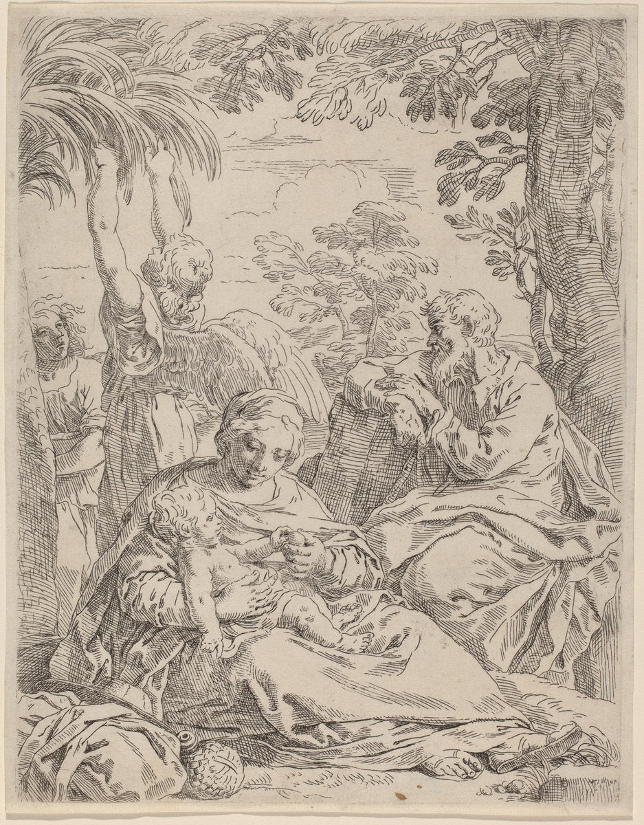 The Rest on the Flight into Egypt by Simone Cantarini (Italian, 1612 - 1648), 16X12"(A3)Poster Print