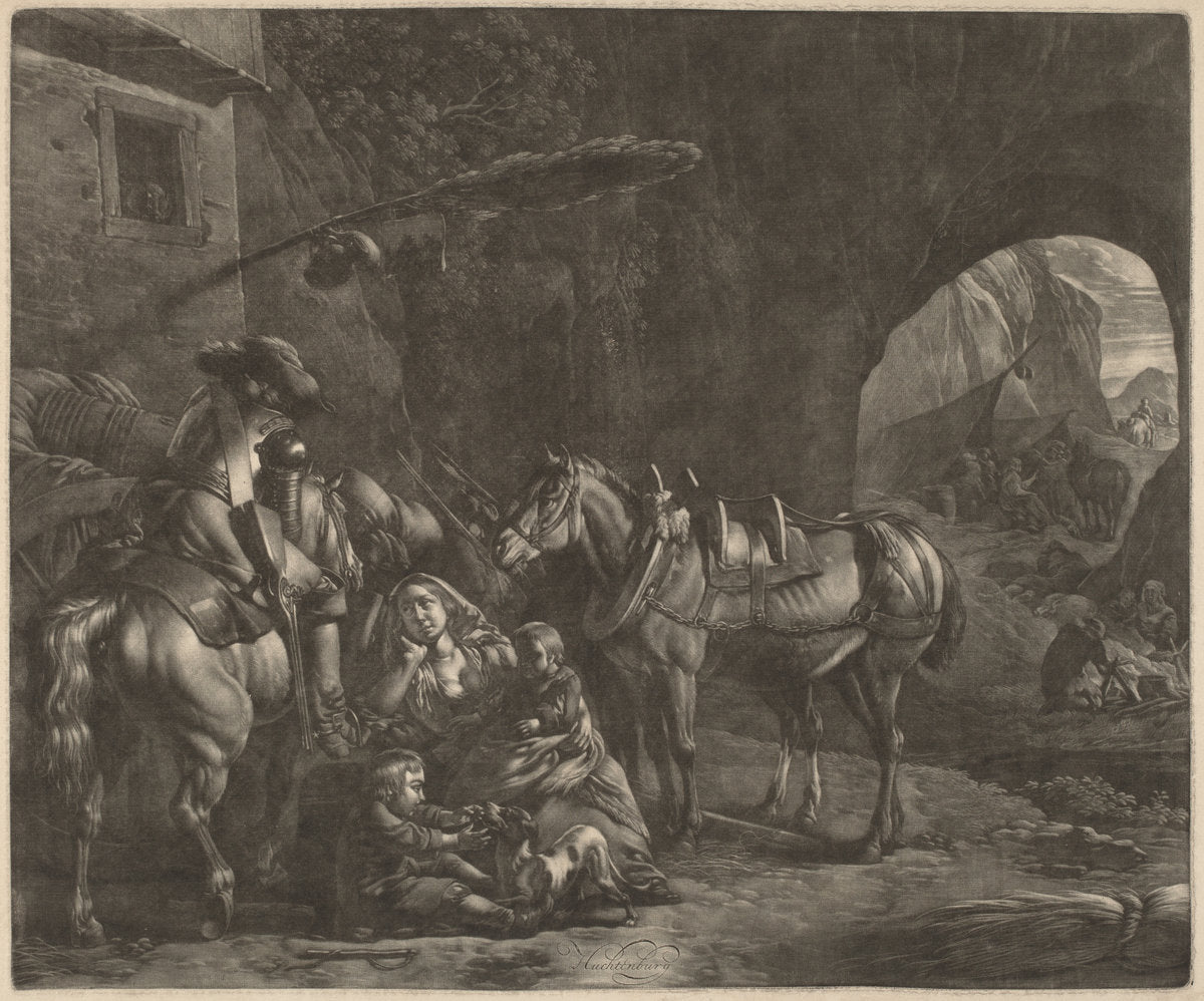 Mother with Two Children  and a Horse in Front of an Inn by Jan van Huchtenburgh (Dutch, 1647 - 1733), 16X12"(A3)Poster Print