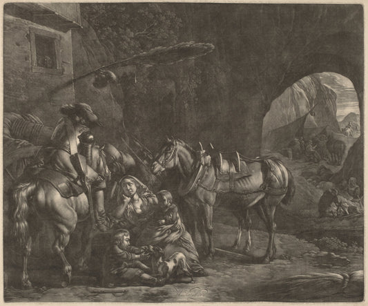 Mother with Two Children  and a Horse in Front of an Inn by Jan van Huchtenburgh (Dutch, 1647 - 1733), 16X12"(A3)Poster Print