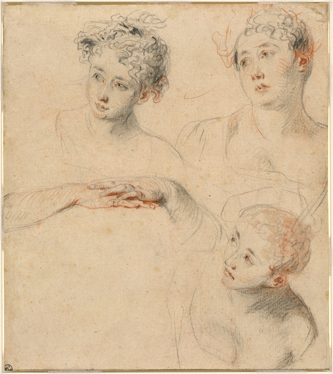 Three Studies of a Woman's Head and a Study of Hands [recto] by Antoine Watteau (French, 1684 - 1721), 16X12"(A3)Poster Print