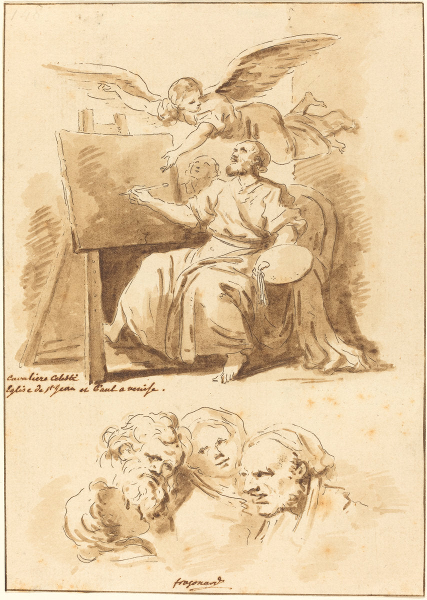 Saint Luke at His Easel and Four Expressive Heads by Jean Claude Richard de Saint-Non after Jean-Honoré Fragonard after Andrea Celesti (French, 1727 - 1791), 16X12"(A3)Poster Print