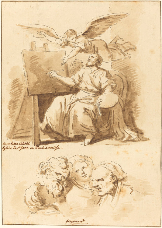 Saint Luke at His Easel and Four Expressive Heads by Jean Claude Richard de Saint-Non after Jean-Honoré Fragonard after Andrea Celesti (French, 1727 - 1791), 16X12"(A3)Poster Print