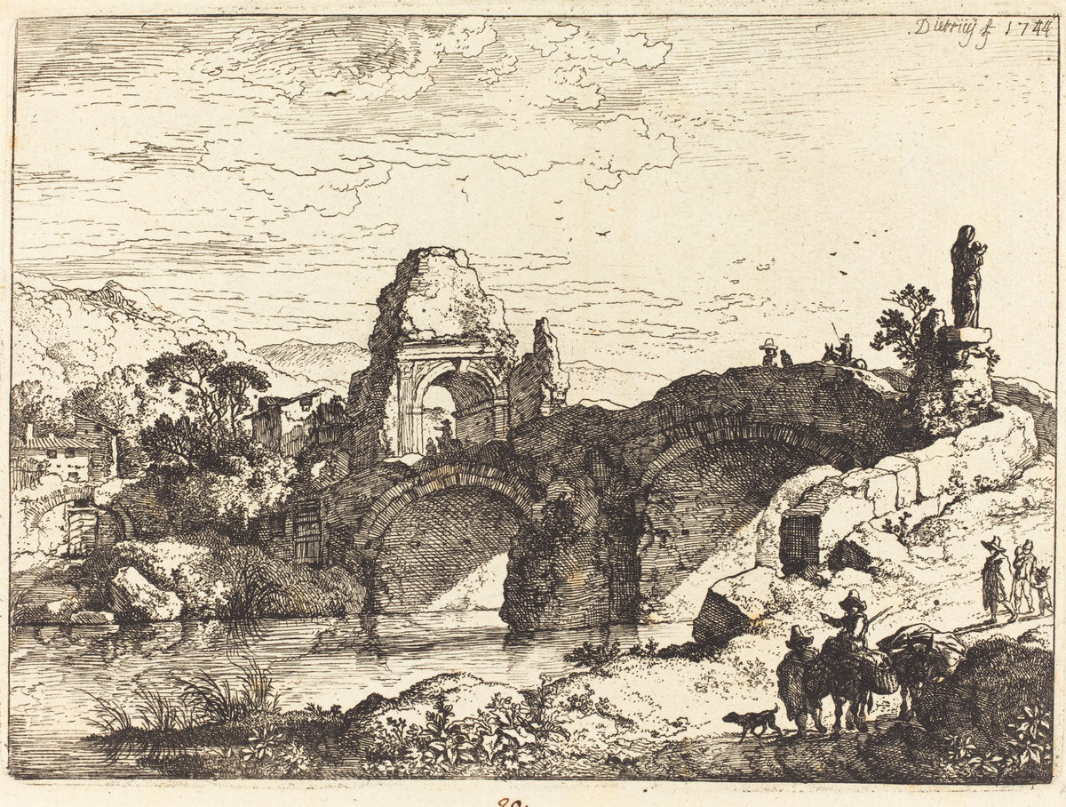 Landscape with a Bridge and Ruined Tower by Christian Wilhelm Ernst Dietrich (German, 1712 - 1774), 16X12"(A3)Poster Print