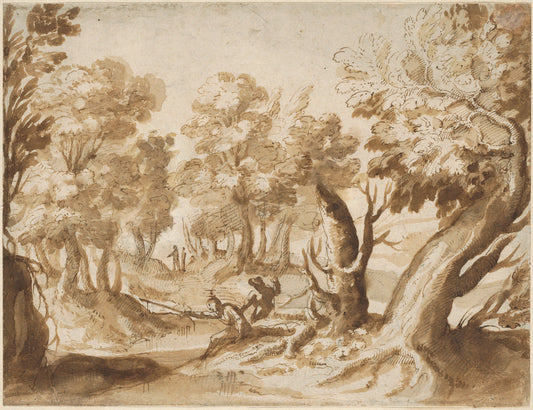 Two Figures Fishing in a Landscape by Francesco Allegrini (Italian, c. 1615 - after 1679), 16X12"(A3)Poster Print