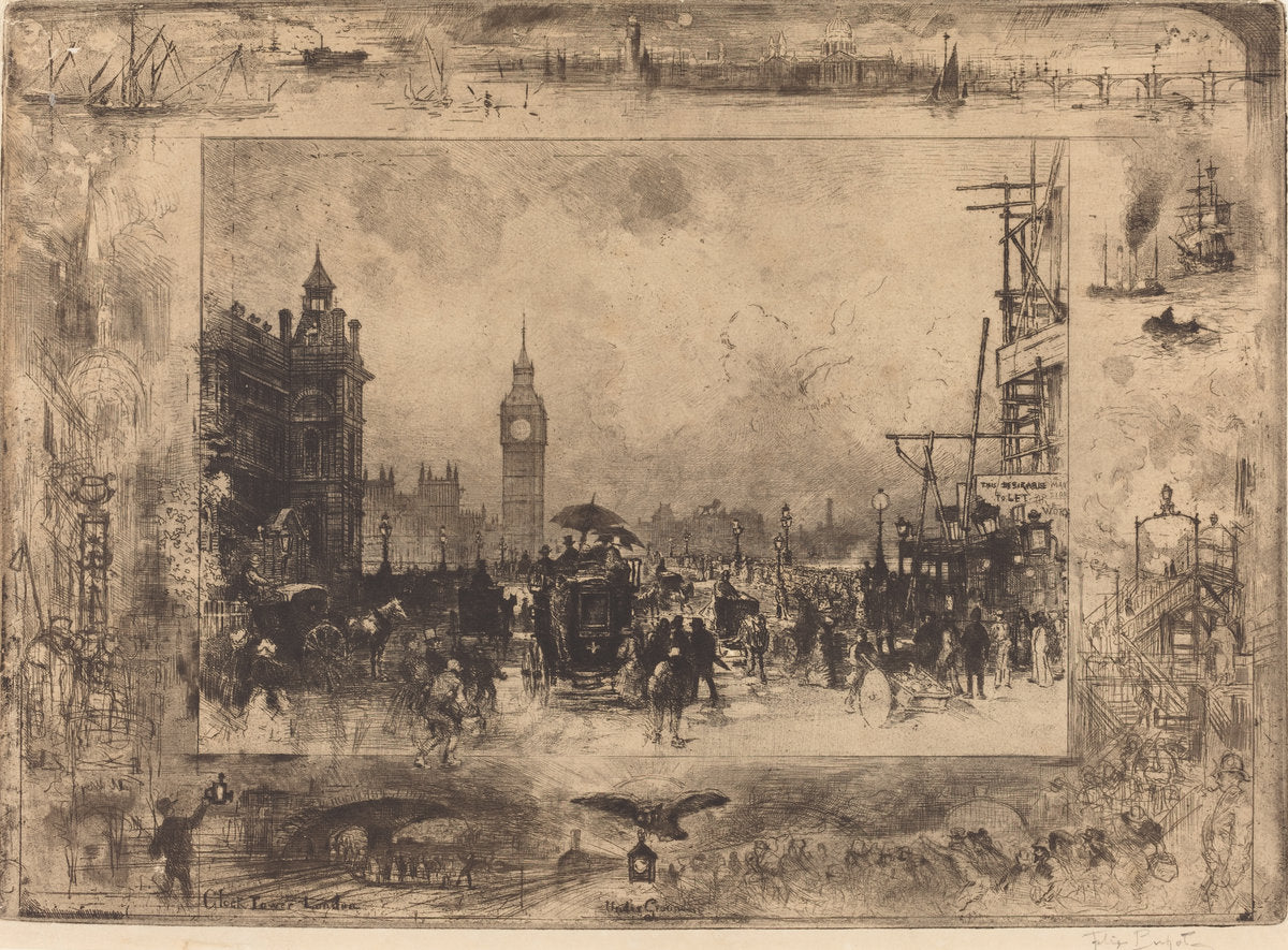 Westminster Bridge by Félix-Hilaire Buhot (French, 1847 - 1898), 16X12"(A3)Poster Print