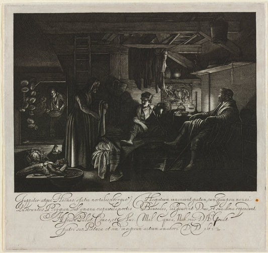 Jupiter and Mercury in the House of Philemon and Baucis by Hendrik Goudt after Adam Elsheimer (Dutch, 1585 - 1648), 16X12"(A3)Poster Print