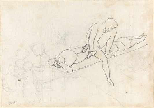 Seated Man Flanked by Two Reclining Figures; Huddle of Figures in Lower Left Corner by John Flaxman (British, 1755 - 1826), 16X12"(A3)Poster Print