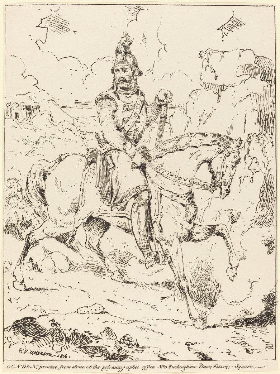 Knight in Armor on Horseback by Edward Vernon Utterson (British, c. 1776 - 1852), 16X12"(A3)Poster Print