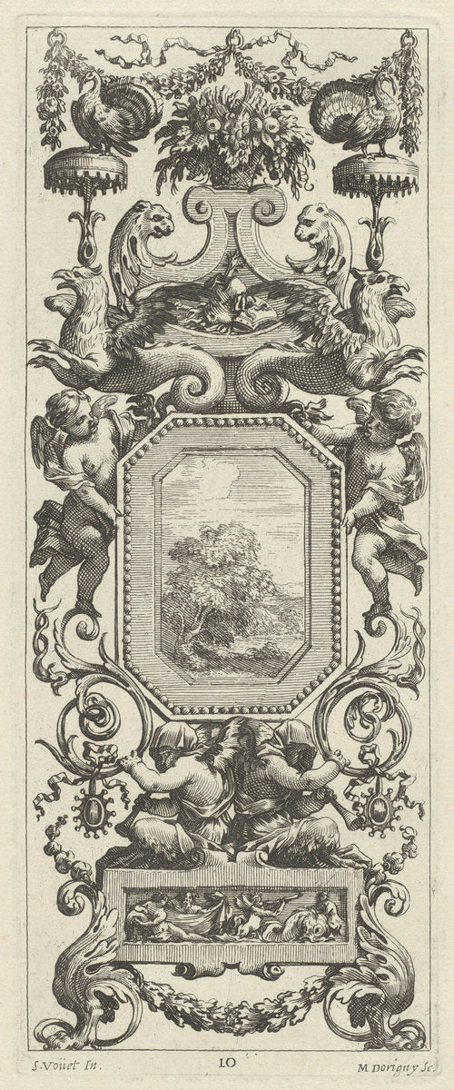 Ornamental Panel Surmounted by a Basket of Flowers and a Garland by Michel Dorigny, after Simon Vouet (French, 1617 - 1665), 16X12"(A3)Poster Print