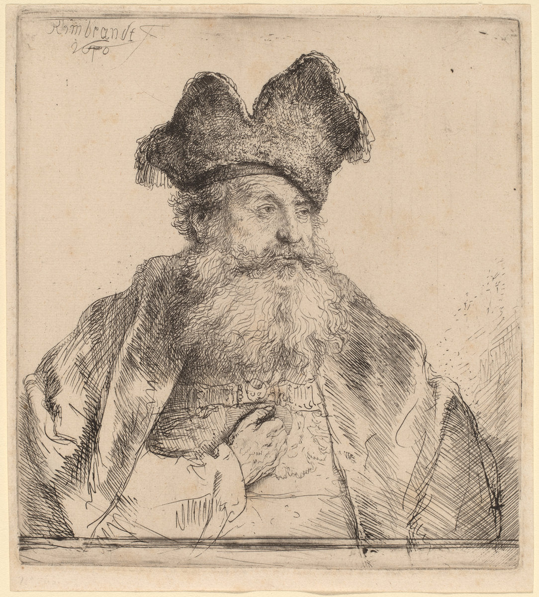 Old Man with a Divided Fur Cap by Rembrandt van Rijn (Dutch, 1606 - 1669), 16X12"(A3)Poster Print