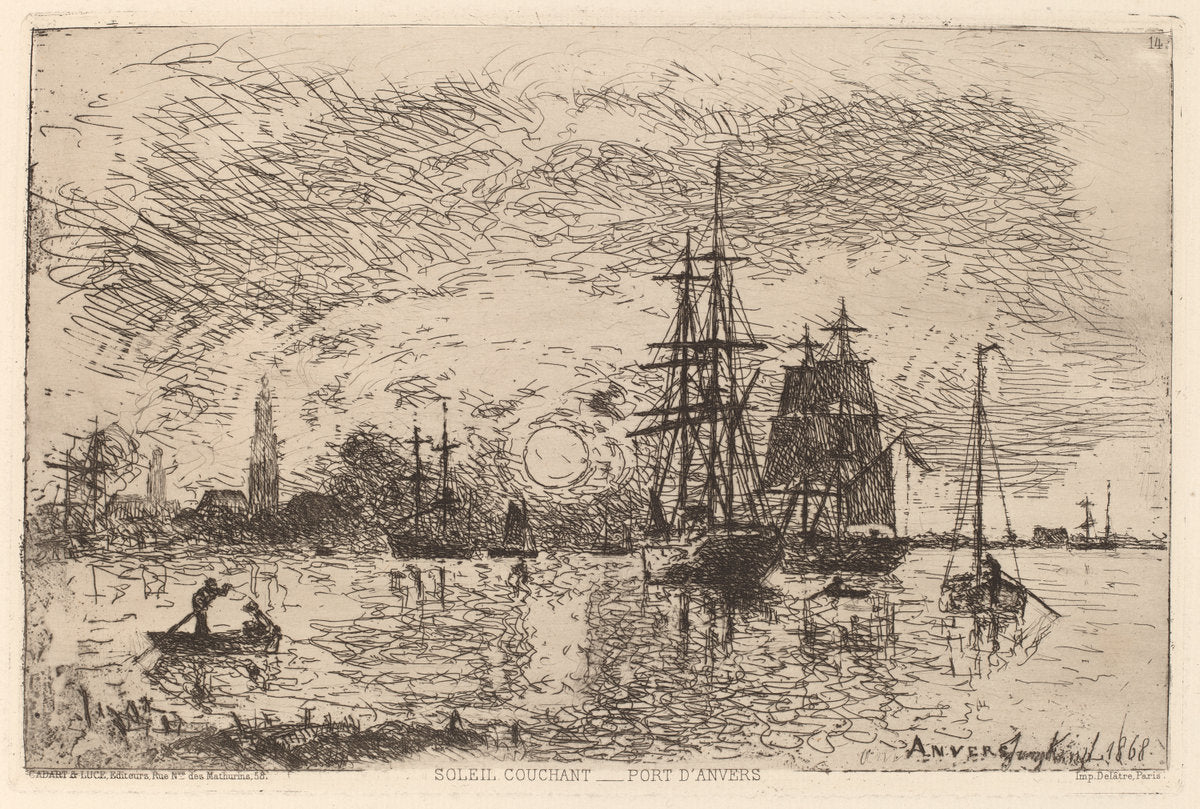 Setting Sun over Antwerp Harbor (Soleil couchant - port d'Anvers) by Johan Barthold Jongkind (Dutch, 1819 - 1891), 16X12"(A3)Poster Print