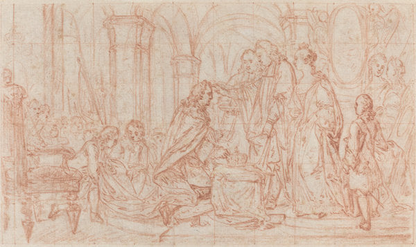 red chalk over graphite, squared and incised for transfer on laid paper by French 18th Century (Ceremony of Consecration), 16X12"(A3)Poster Print