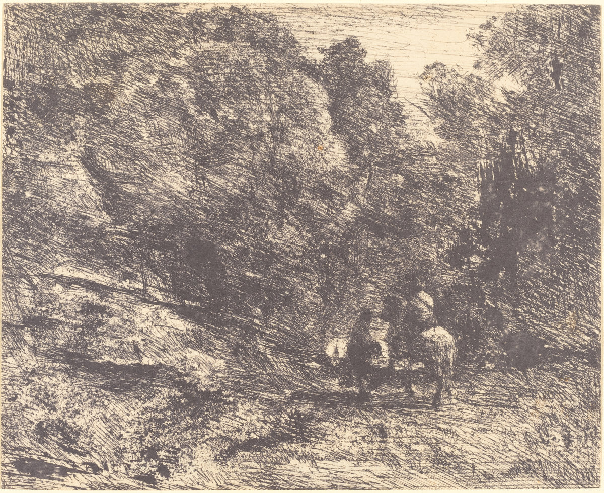 Horseman and Vagabond in the Forest (Le Cavalier en forêt et le piéton) by Jean-Baptiste-Camille Corot (French, 1796 - 1875), 16X12"(A3)Poster Print