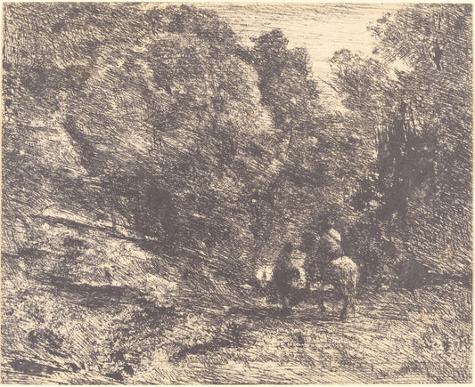 Horseman and Vagabond in the Forest (Le Cavalier en forêt et le piéton) by Jean-Baptiste-Camille Corot (French, 1796 - 1875), 16X12"(A3)Poster Print