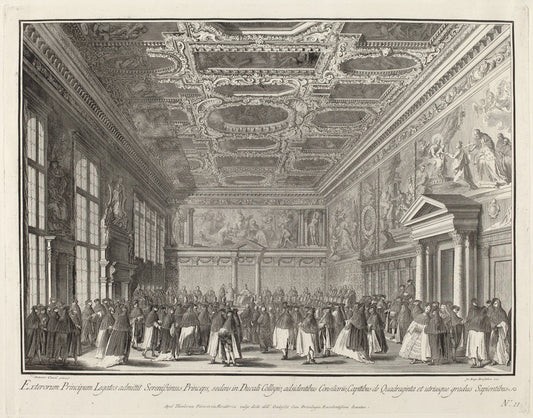 Reception by the Doge of Foreign Ambassadors in the Sala del Collegio by Giovanni Battista Brustolon after Canaletto (Italian, 1712 - 1796), 16X12"(A3)Poster Print