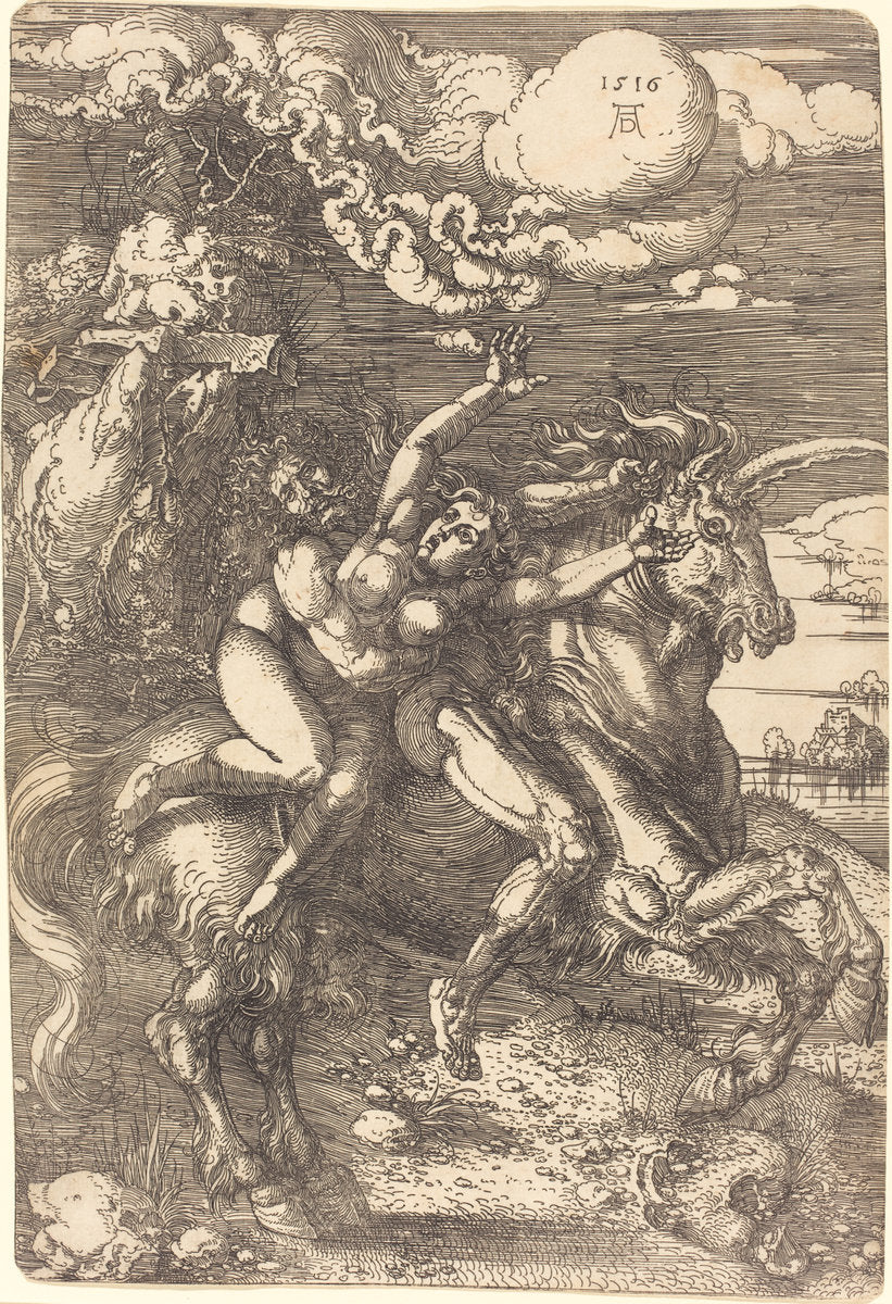 Abduction on a Unicorn by Albrecht Dürer (German, 1471 - 1528), 16X12"(A3)Poster Print