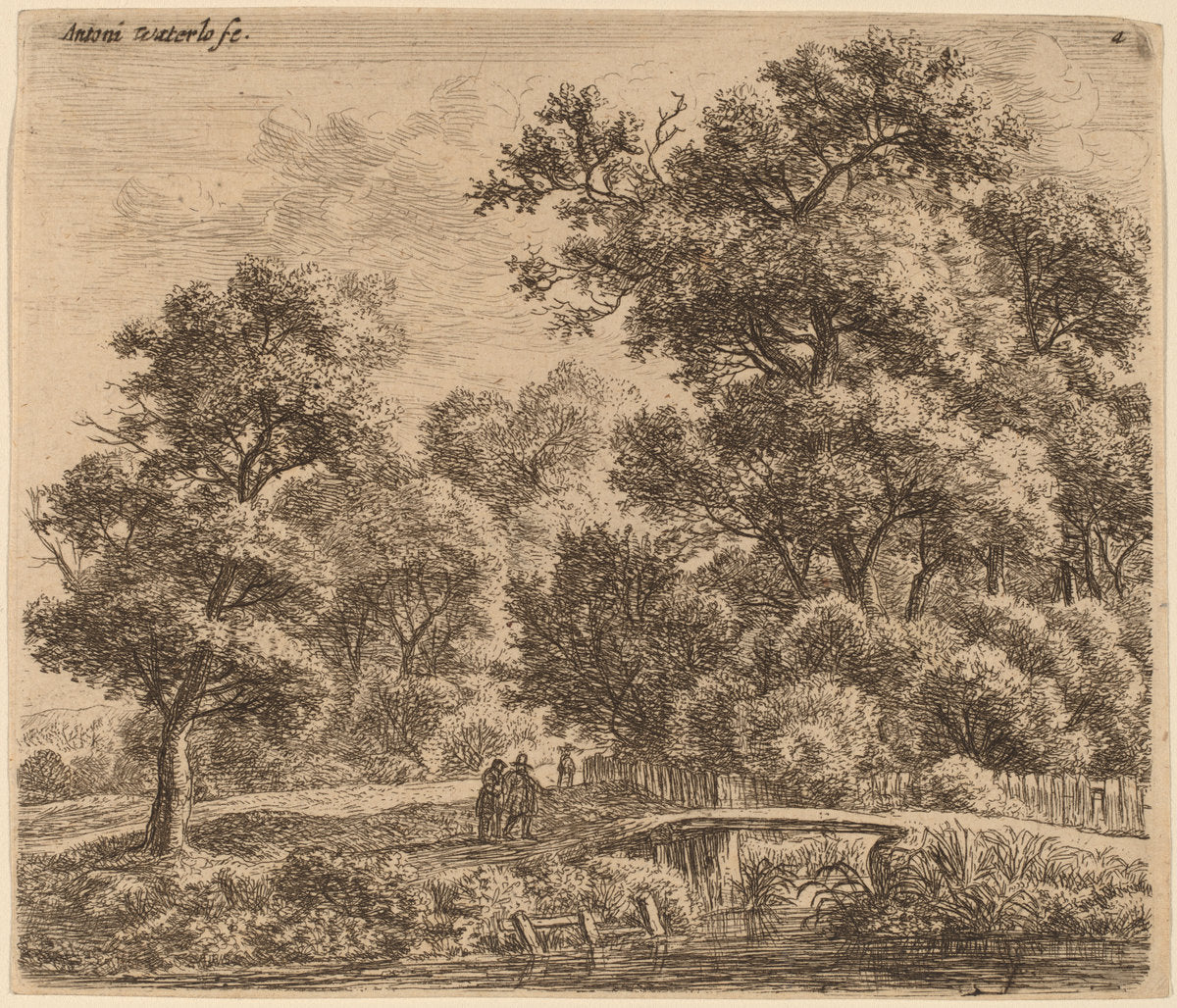 Wooded Landscape with a Bridge by Anthonie Waterloo (Dutch, 1609/1610 - 1690), 16X12"(A3)Poster Print