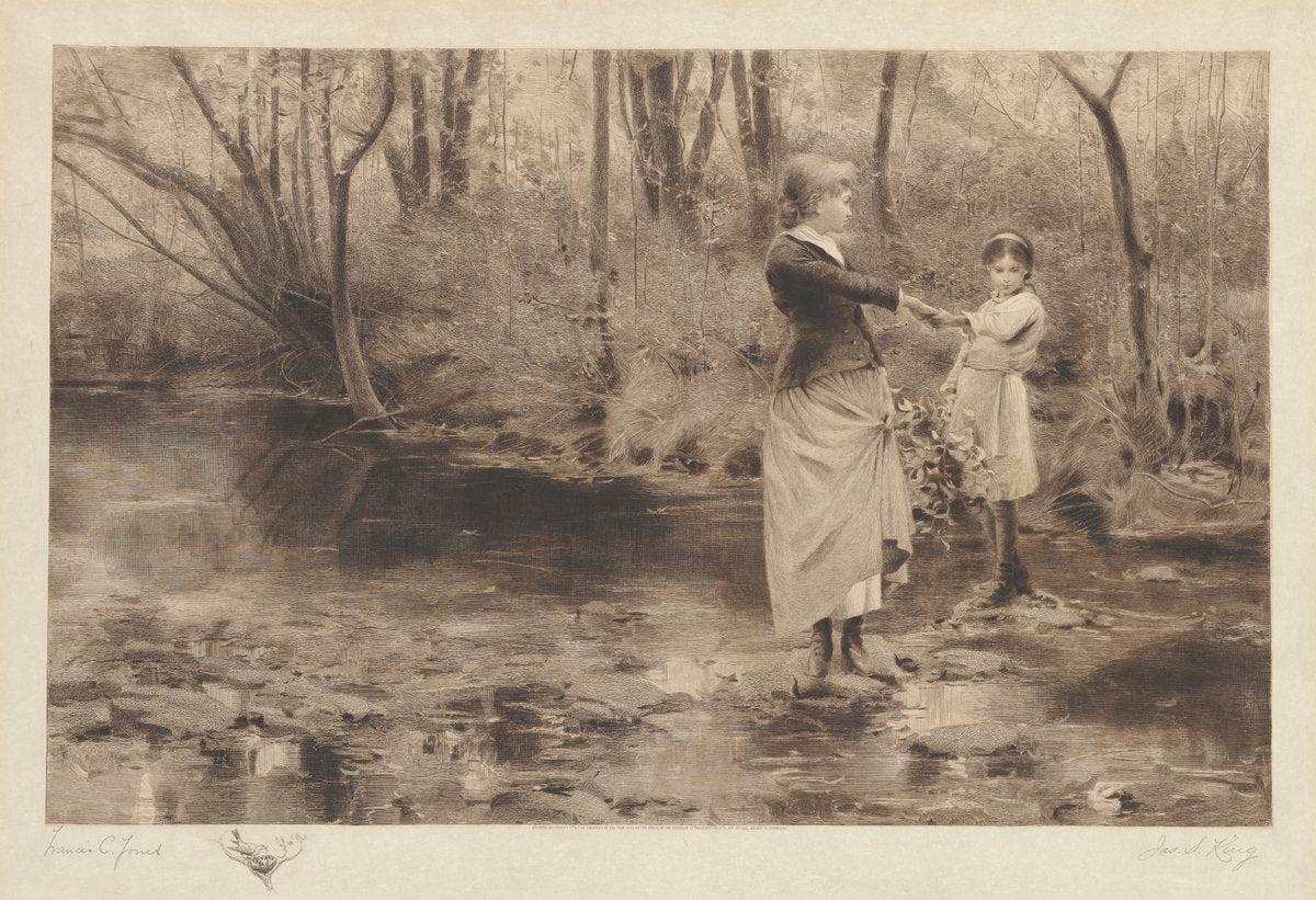 Untitled (Crossing A Brook In The Woods) by James S. King (American, 1852 - 1925), 16X12"(A3)Poster Print